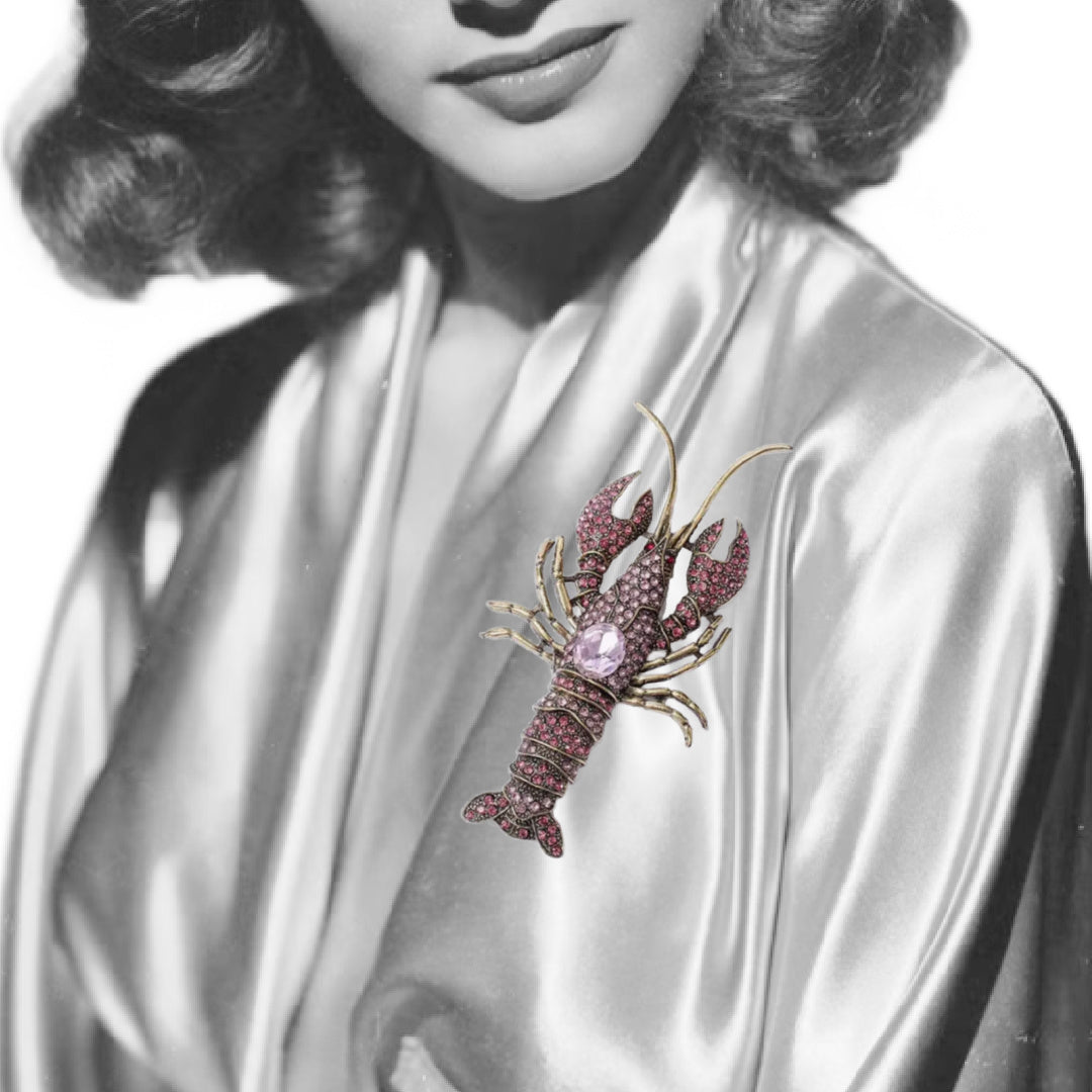Sparkling Pink Rhinestone Large Lobster Brooch Inspired by the 1940s