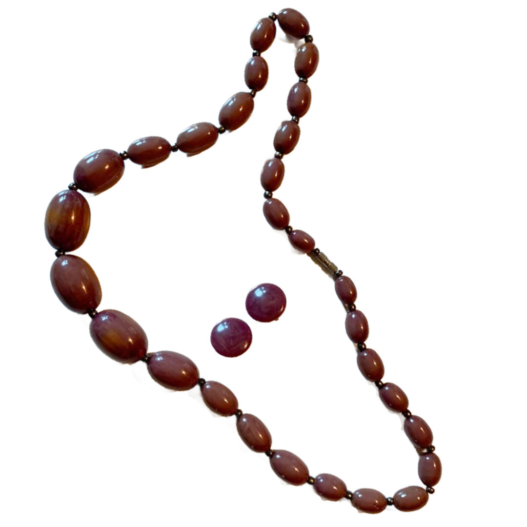 Purple Stardust Bakelite Beaded Necklace and Earrings Set circa 1940s