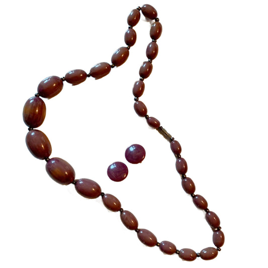 Purple Stardust Bakelite Beaded Necklace and Earrings Set circa 1940s