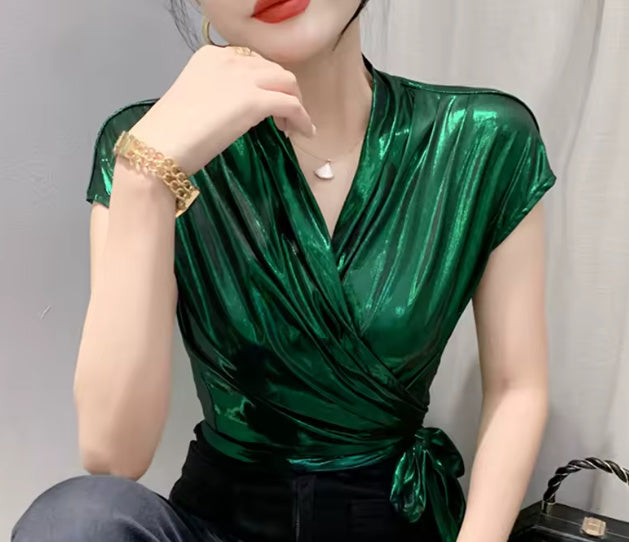 Maura- the Metallic Surplice Bodice Blouse with Waist Wrap