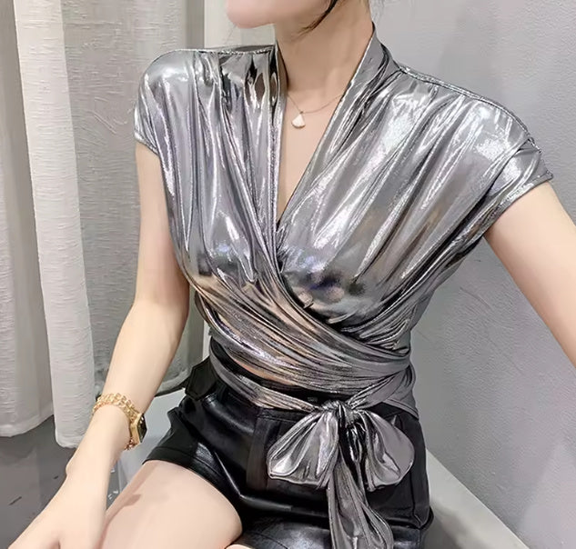 Maura- the Metallic Surplice Bodice Blouse with Waist Wrap