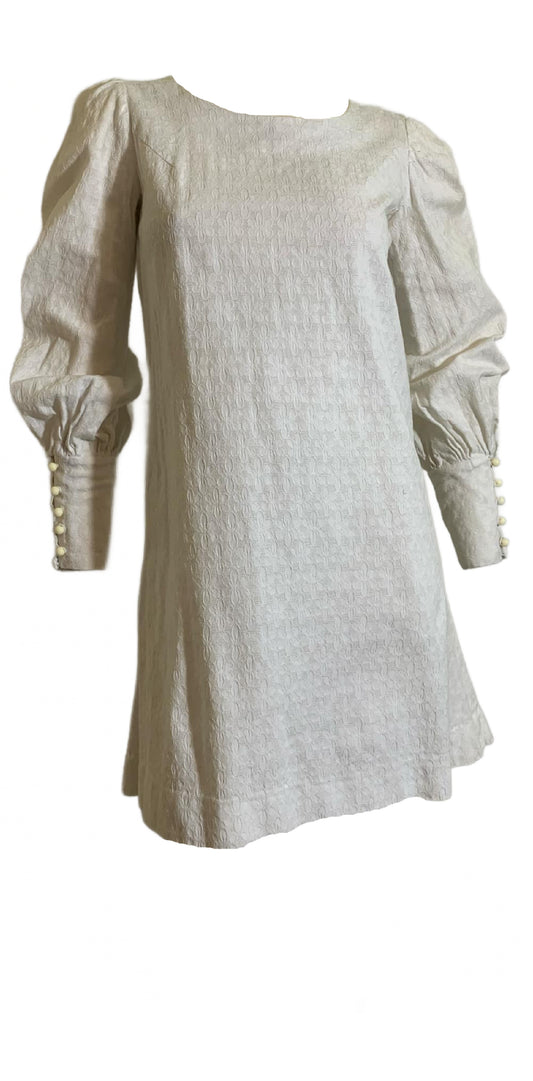 White Lacy Textured Cotton Mini Dress Full Sleeves circa 1960s