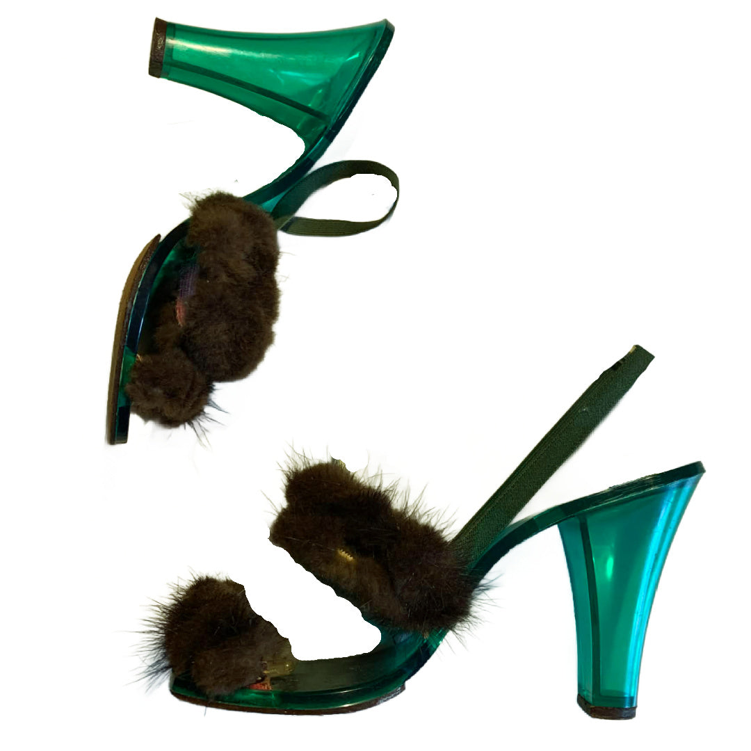 Iconic Green Lucite and Mink High Heel Shoes circa 1950s 6.5
