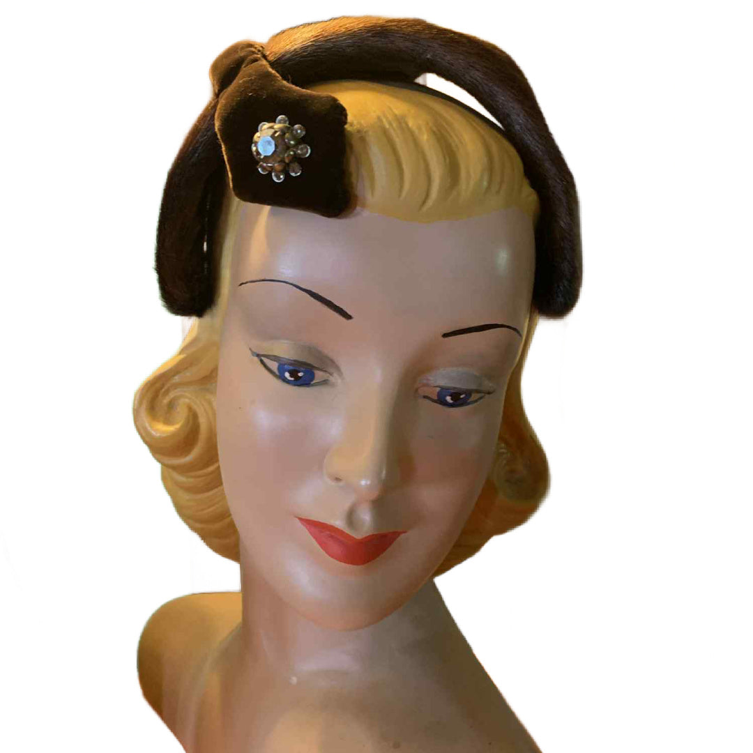 Glossy Fur Wired Cocktail Hat with Velvet and Rhinestones circa 1950s