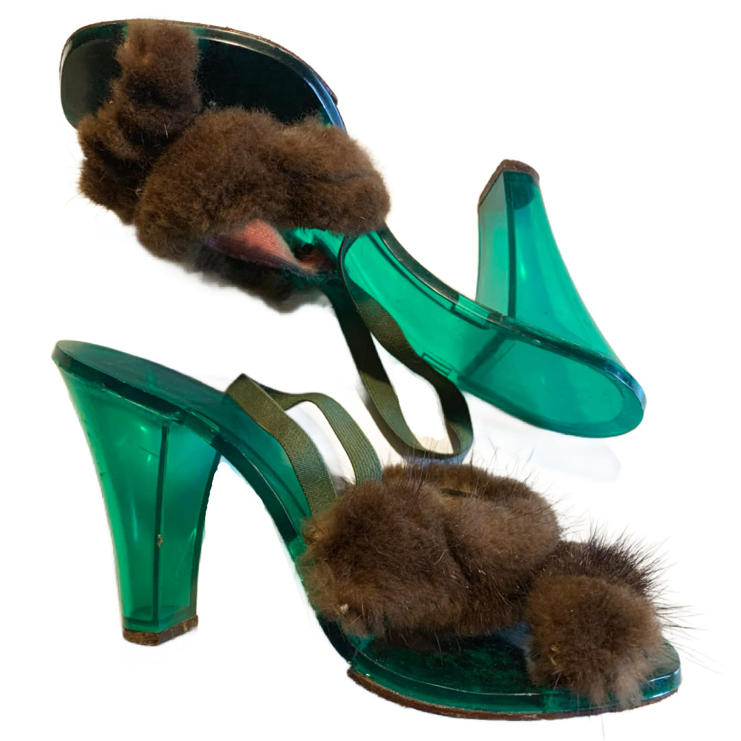 Iconic Green Lucite and Mink High Heel Shoes circa 1950s 6.5