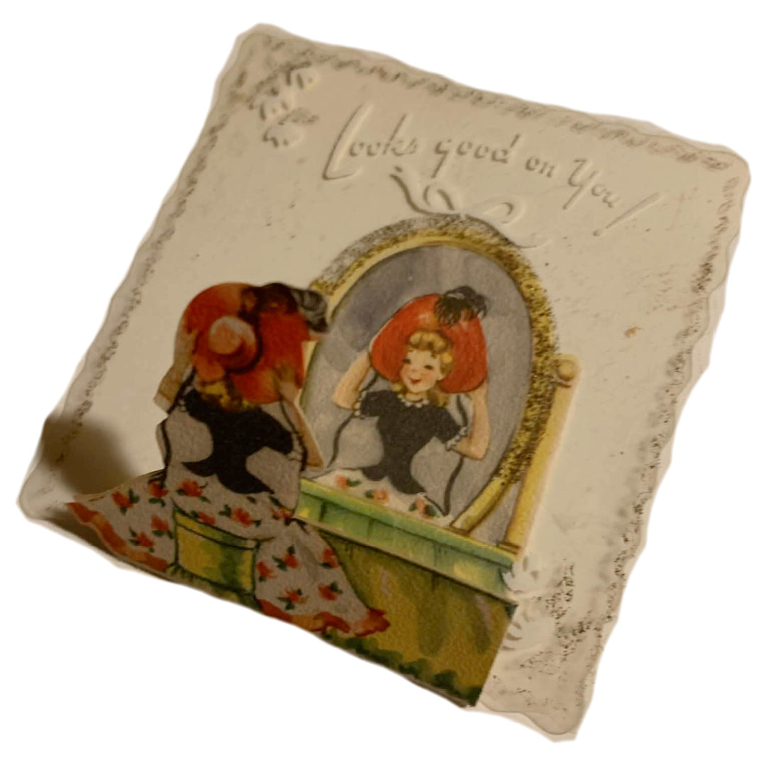 Cellophane Woman In Mirror Folding Birthday Card 1940s