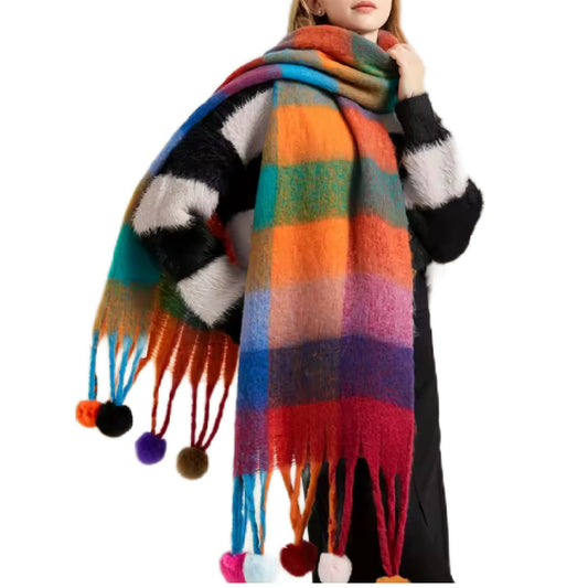 Michelle- the Candy Striped Knit Scarf with Pom Poms