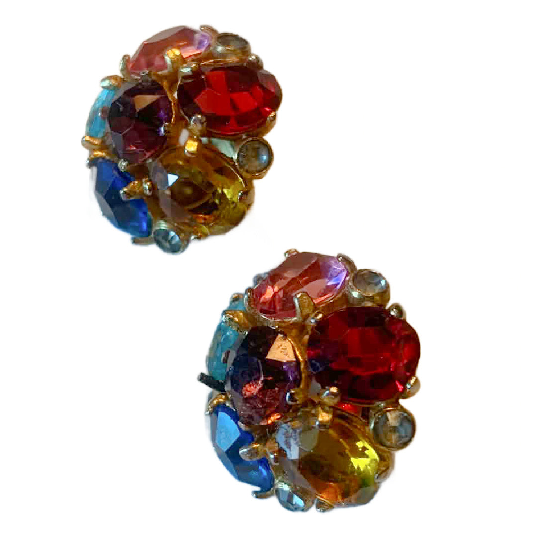 Multicolor Rainbow Rhinestone Clip Earrings circa 1960s