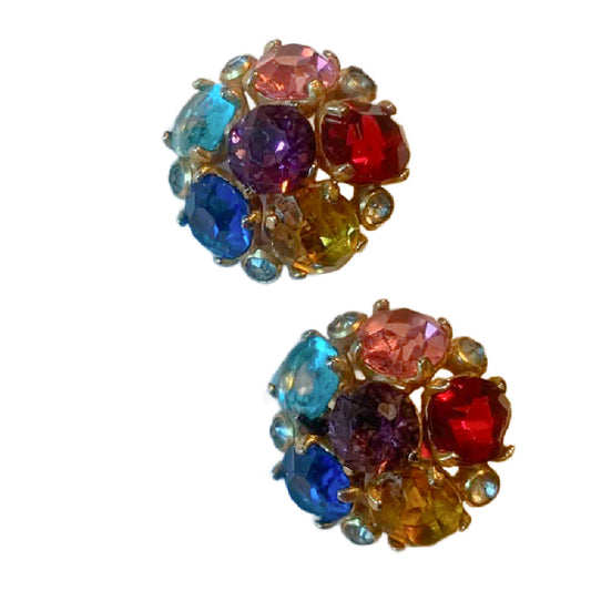 Multicolor Rainbow Rhinestone Clip Earrings circa 1960s