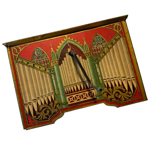 Tin Lithograph Pipe Organ and Cherubs Crank Up Music Box 1910s as is