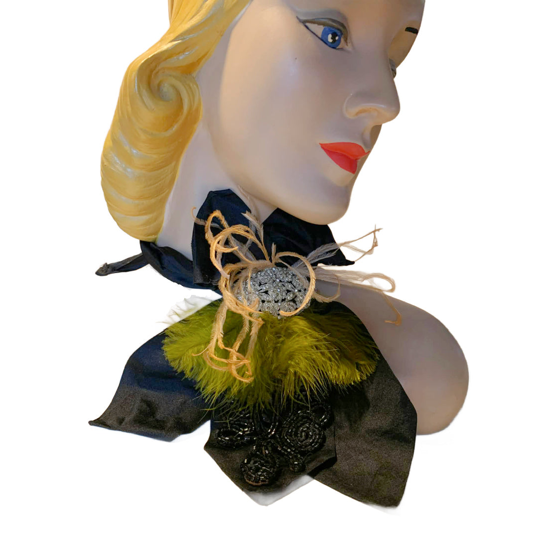 La Fée Verte Victorian Silk Neckpiece with Jet Beading Rhinestones and Feathers