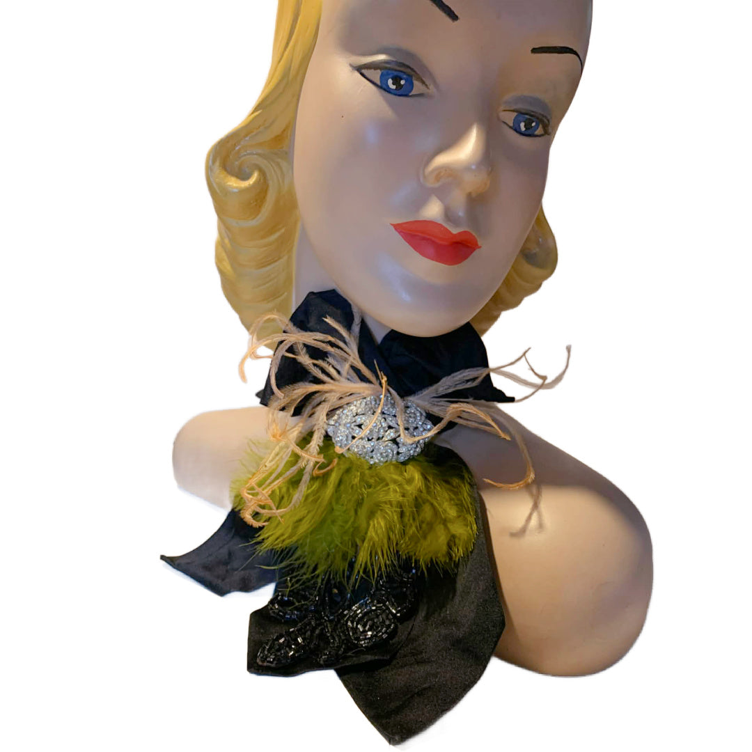 La Fée Verte Victorian Silk Neckpiece with Jet Beading Rhinestones and Feathers