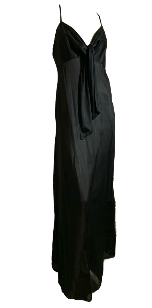 Midnight Black Semi-Sheer Nightgown with Knot Tie Neckline circa 1980s