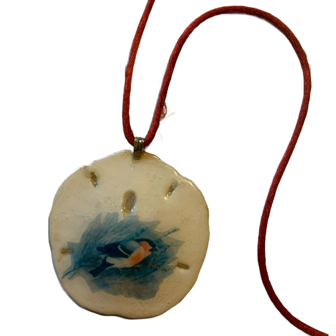 Blue Bird Sand Dollar Necklace on Red Silk Cord circa 1970s