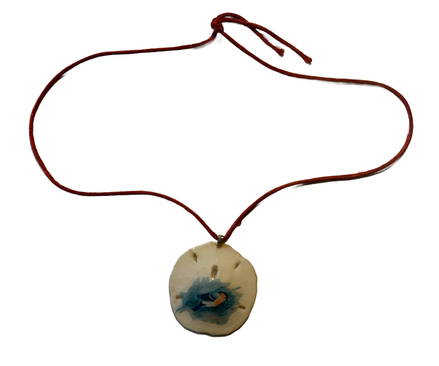 Blue Bird Sand Dollar Necklace on Red Silk Cord circa 1970s