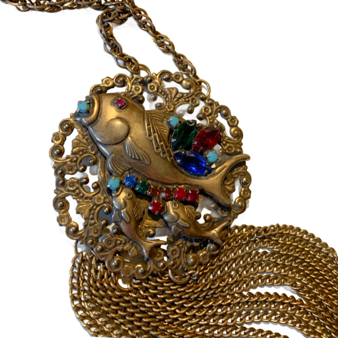 Three Fishes Medallion Pendant Necklace with LONG Fringe Colored Rhinestones circa 1970s