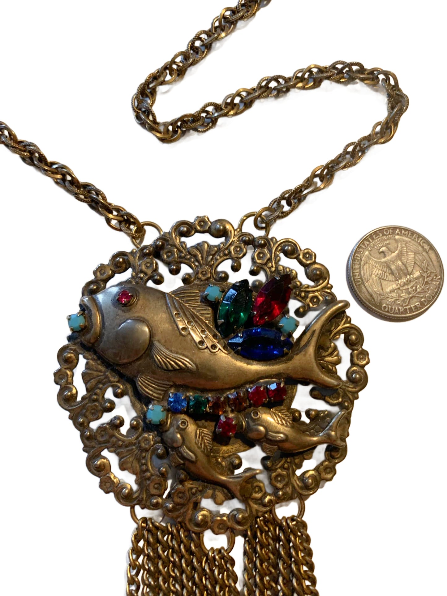 Three Fishes Medallion Pendant Necklace with LONG Fringe Colored Rhinestones circa 1970s