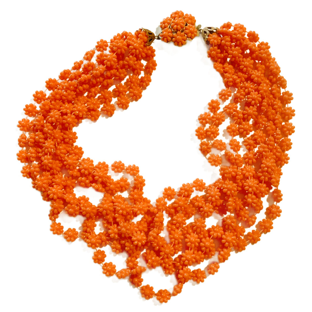 Citrus Orange 8 Strand Flower Shaped Beaded Necklace circa 1960s