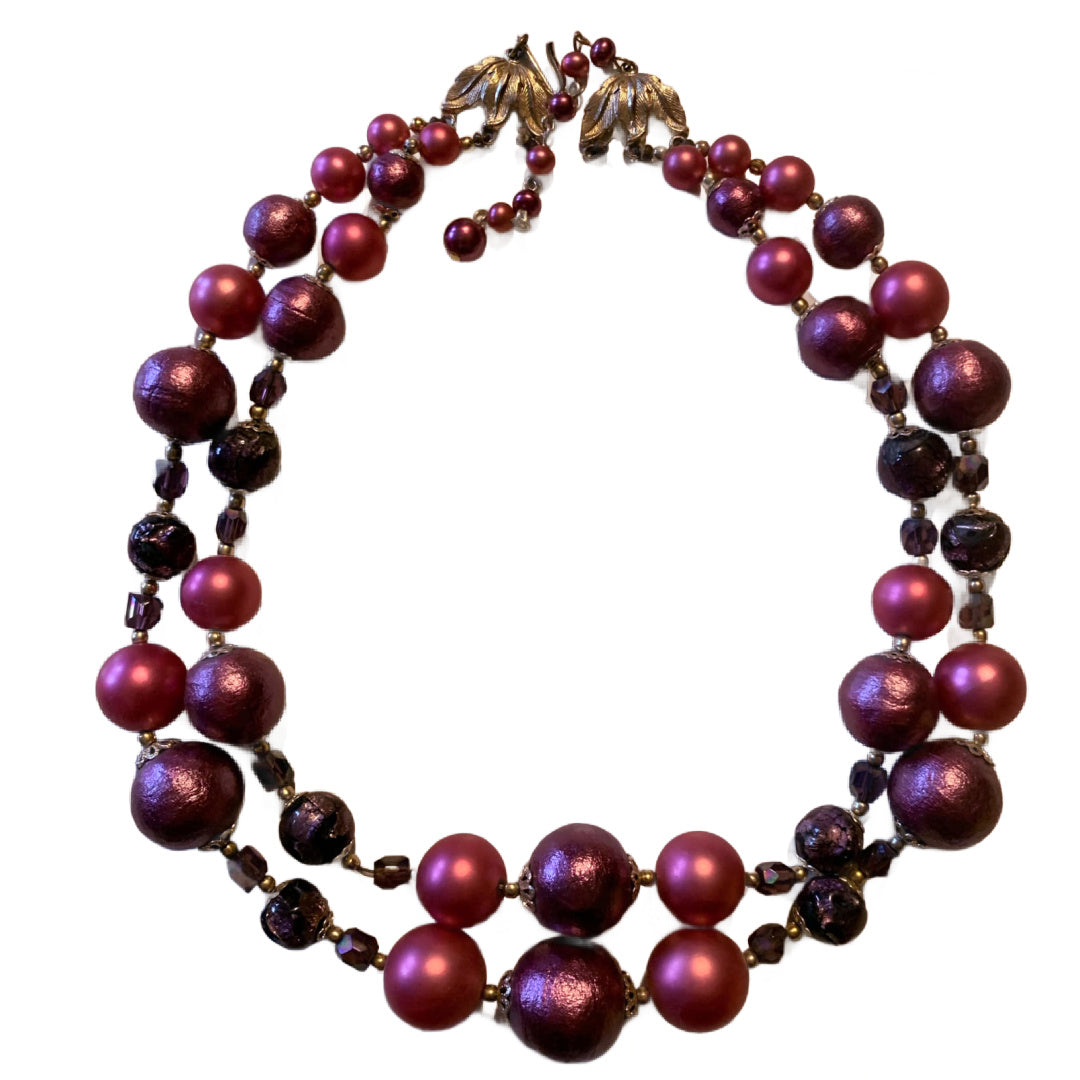 Shimmering Purple and Pink Beaded Double Strand Necklace circa 1960s