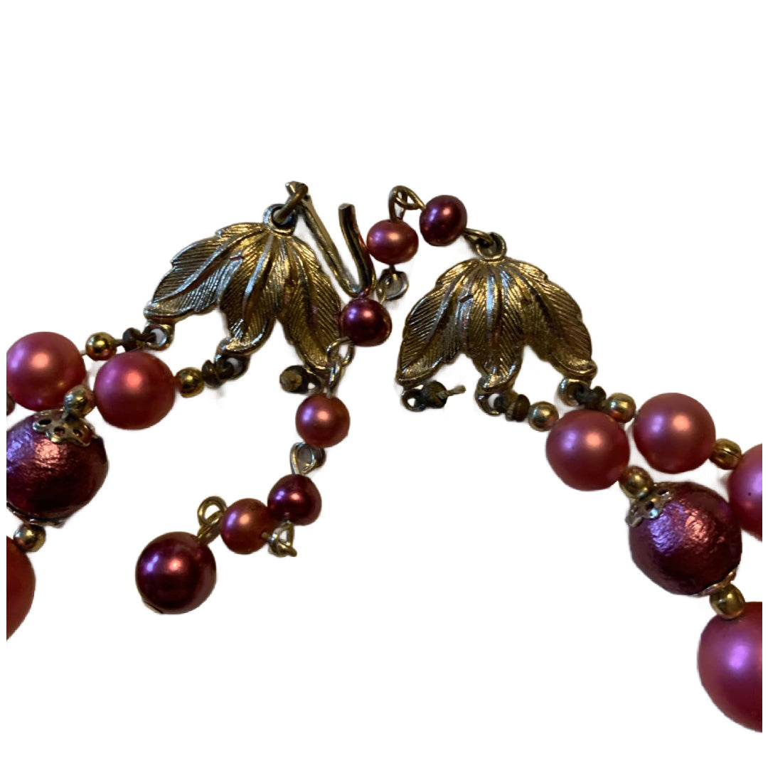 Shimmering Purple and Pink Beaded Double Strand Necklace circa 1960s