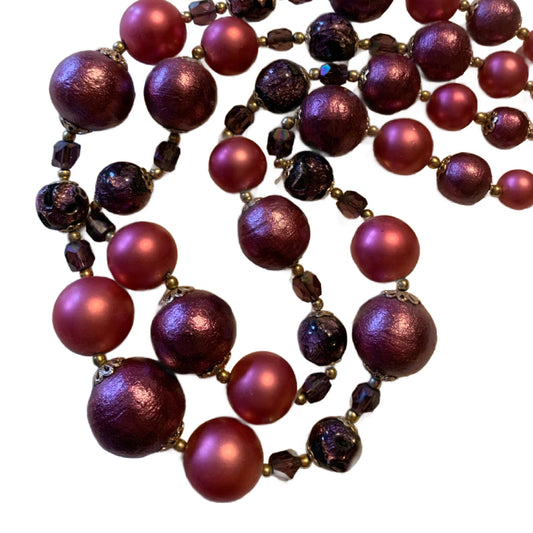 Shimmering Purple and Pink Beaded Double Strand Necklace circa 1960s