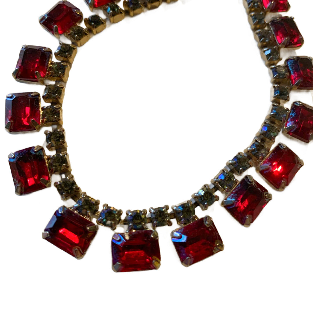 Iridescent Red and Blue Crystal Necklace circa 1960s