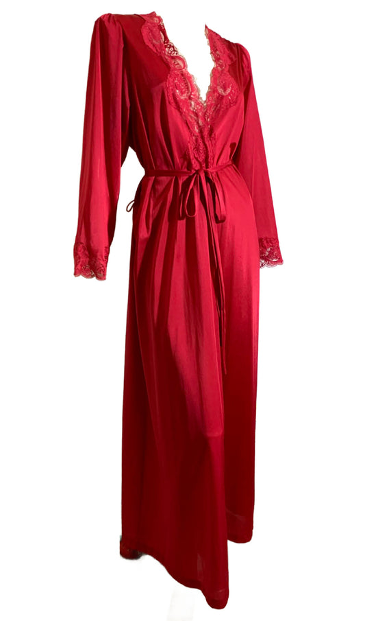 Lipstick Red Nylon Glamorous Robe with Lace Trim circa 1980s