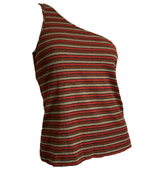 One Shoulder Red and Yellow Metallic Striped Knit Top circa 1980s