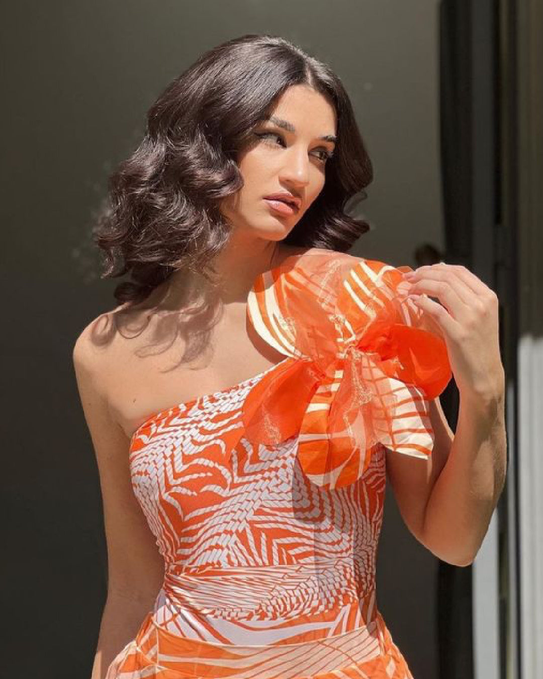 Palm Royale- the Citrus Orange Palm Leaf Print One Shoulder Swimsuit 2 Styles