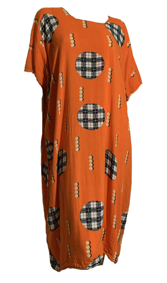 Art Deco Print Orange and Black Rayon Tunic Dress circa 1980s