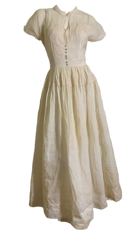 Sheer Off White Party Dress with Faux Pearl Buttons circa 1940s