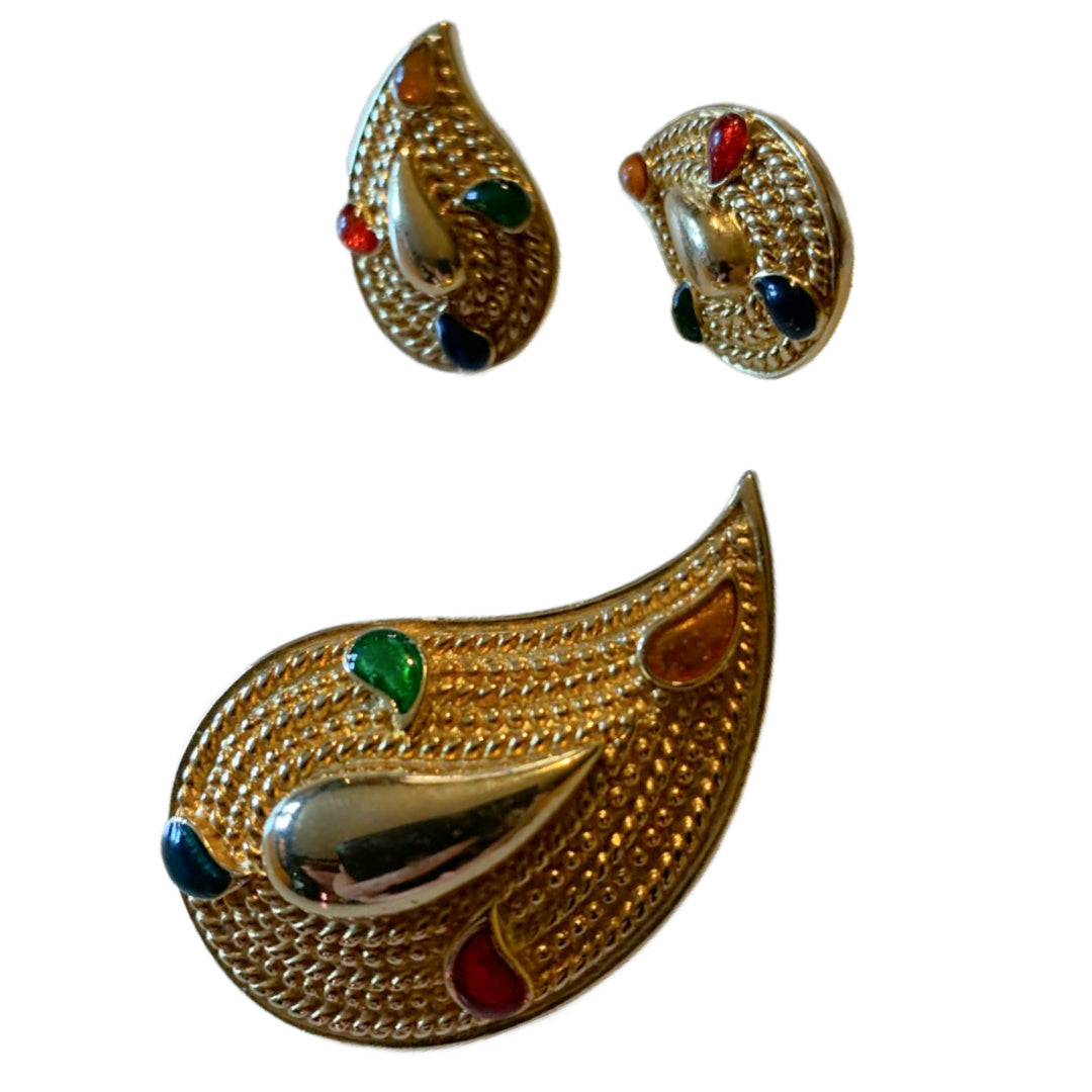 Bejeweled Paisley Brooch and Earrings Demi Parure Set circa 1990s