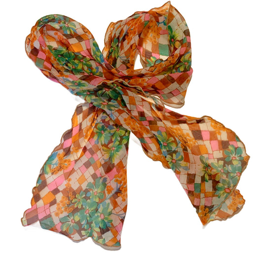 Bright Floral Harlequin Print Chiffon Oblong Scarf circa 1970s