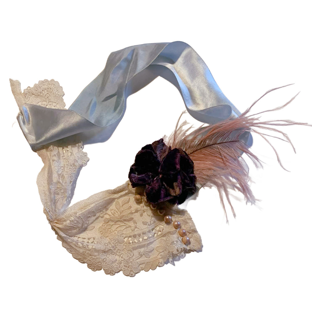 Miss Lala Antique Lace and Ribbon Neckpiece with Velvet Flower and Feather