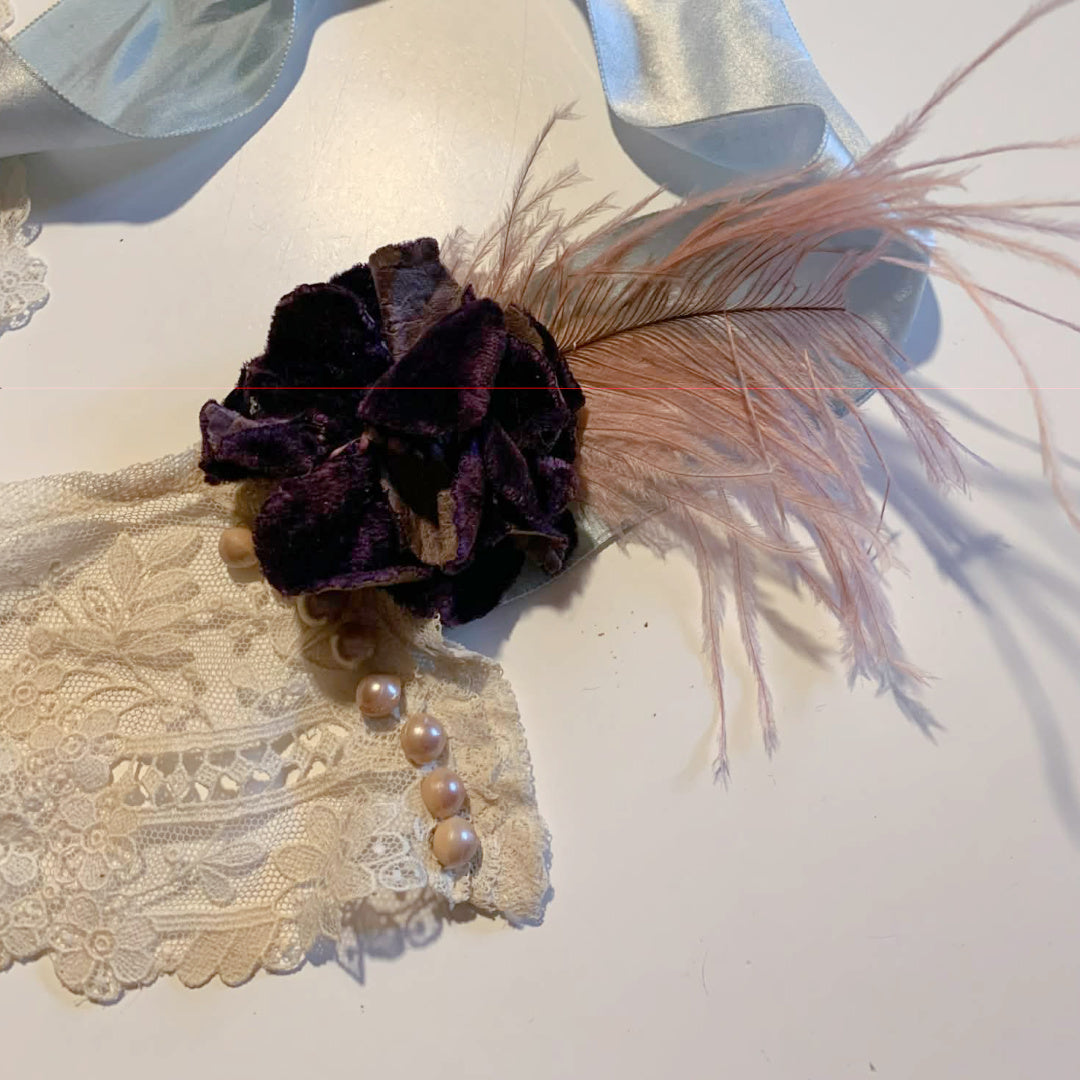 Miss Lala Antique Lace and Ribbon Neckpiece with Velvet Flower and Feather