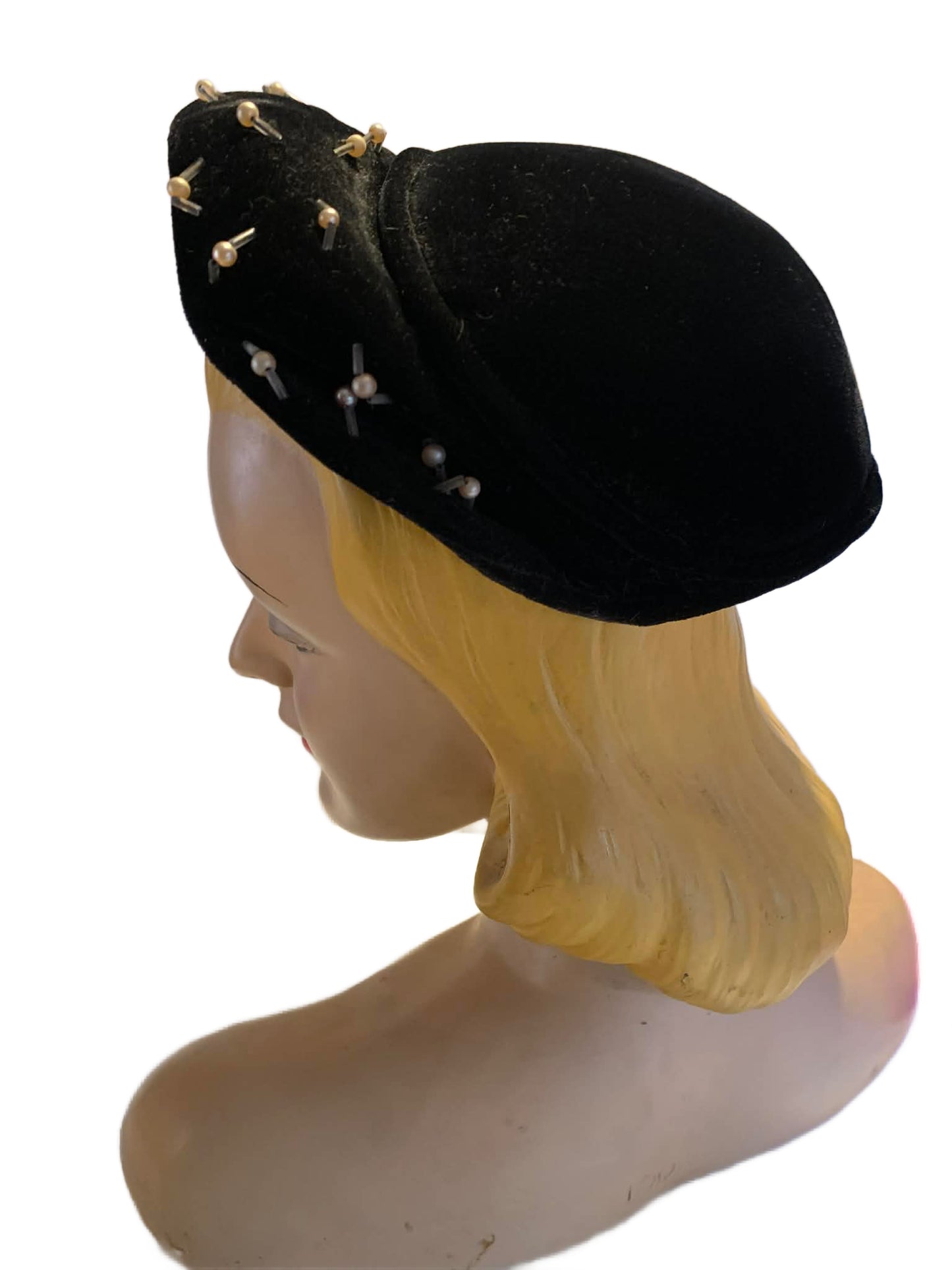 Pearl and Gold Bead Dotted Black Velvet Cocktail Hat circa 1950s