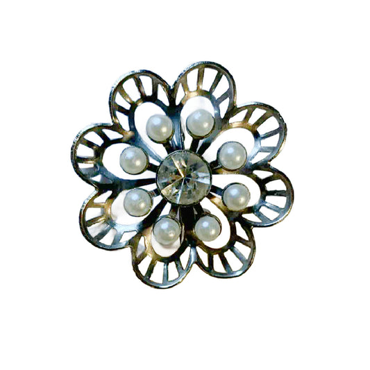 Rhinestone and Faux Pearl Flower Shaped Brooch circa 1960s
