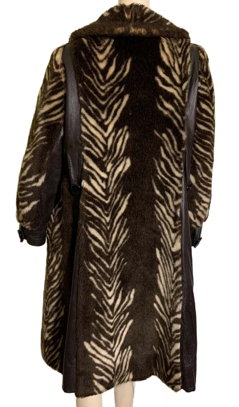 Funky Deep Brown Zebra Stripe Faux Fur Coat Pleather Accents circa 1970s