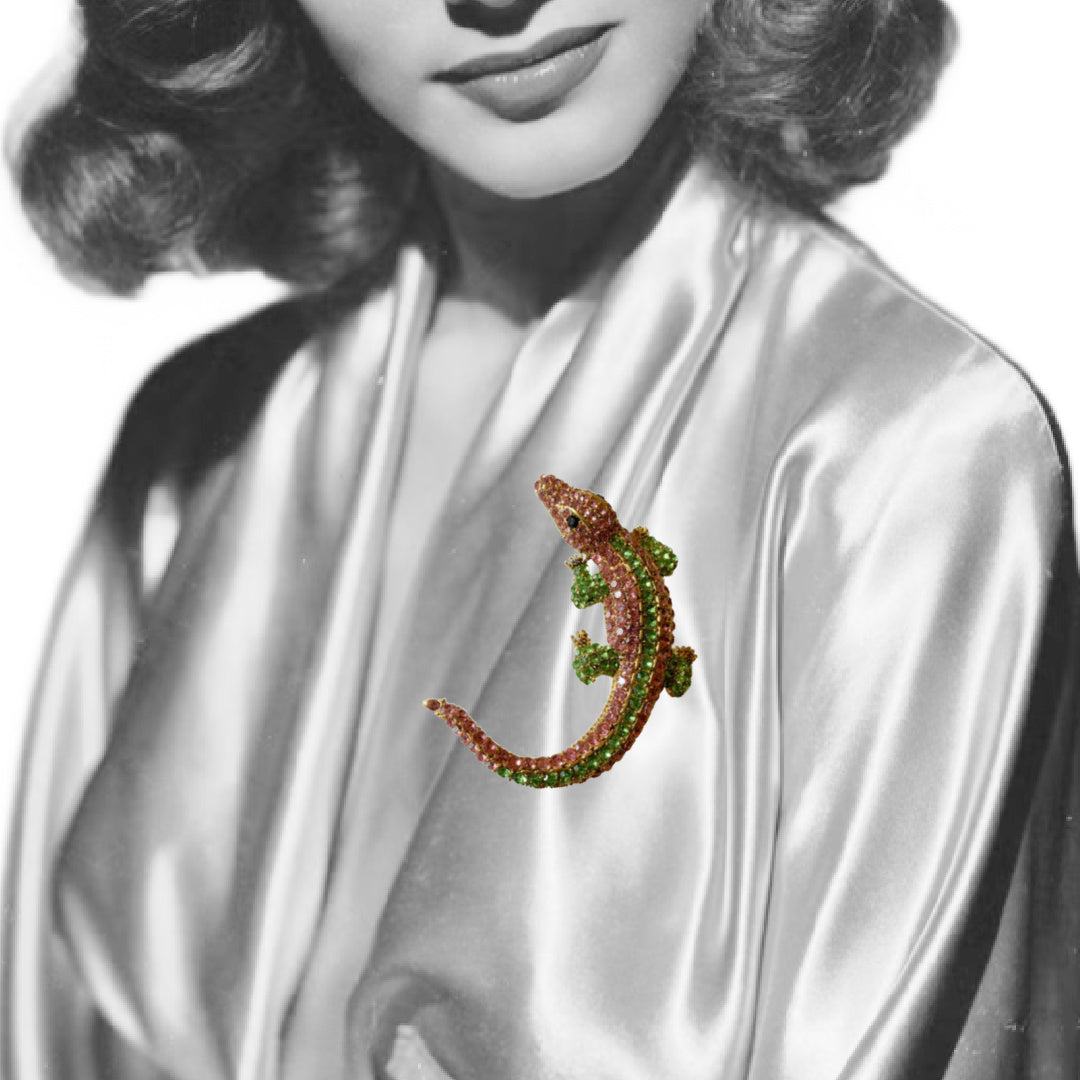 Pink and Green Rhinestone Alligator Brooch