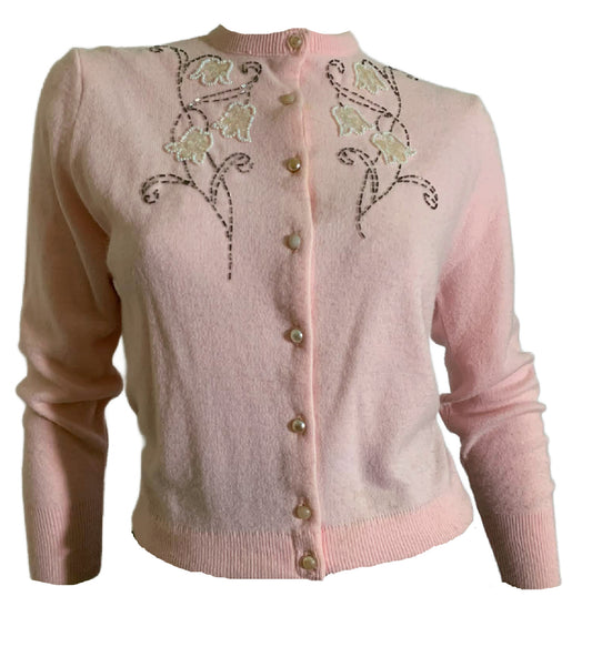 Rose Petal Pink Sequined and Beaded Button Front Cardigan Sweater circa 1960s