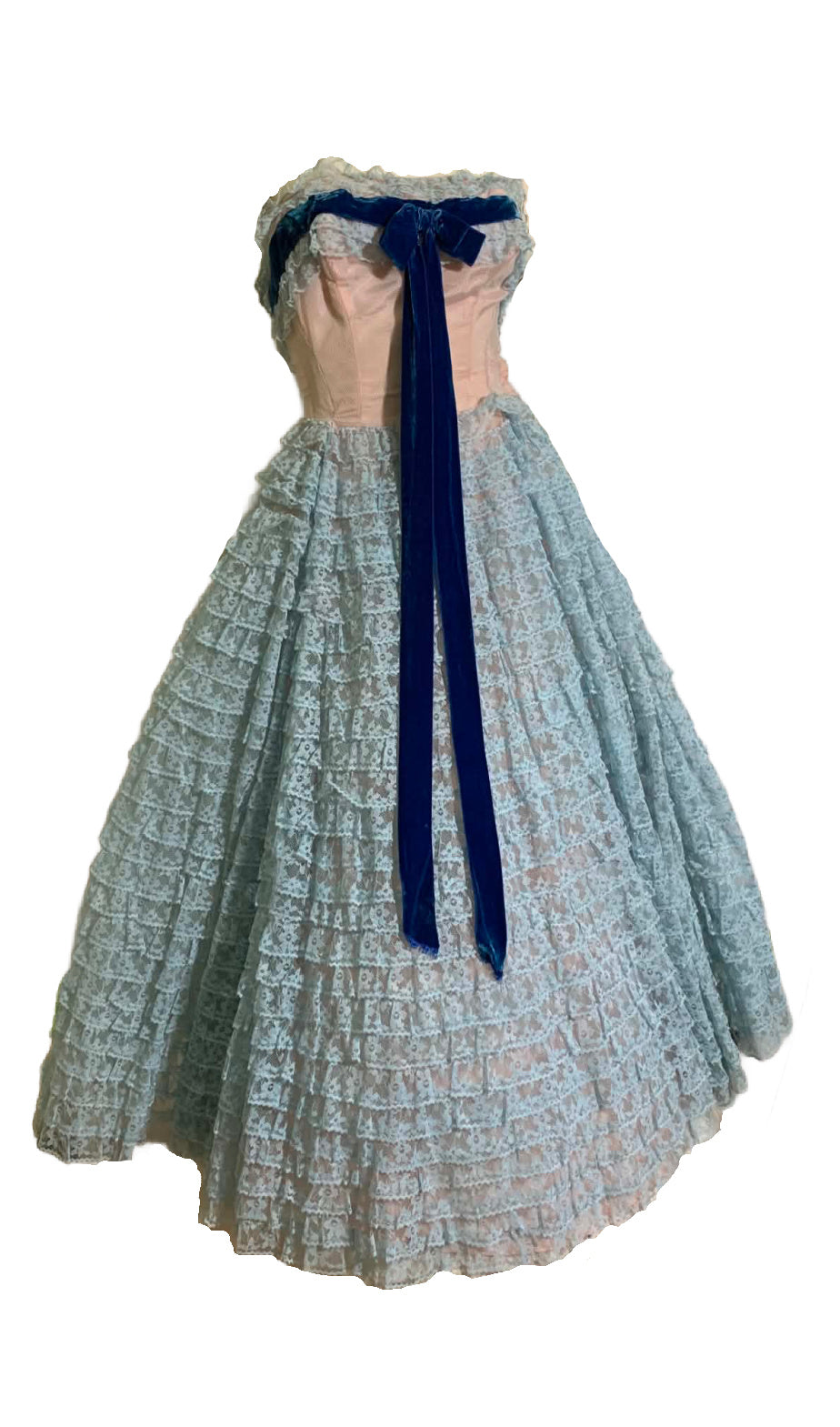 Baby Blue Lace and Tulle Strapless Party Dress Blue Velvet Ribbon circa 1960s