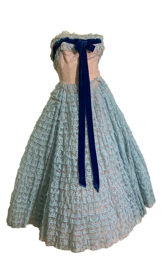 Baby Blue Lace and Tulle Strapless Party Dress Blue Velvet Ribbon circa 1960s