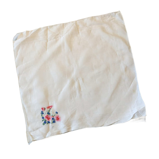 Pink Poppy Embroidered White Cotton Handkerchief circa 1960s