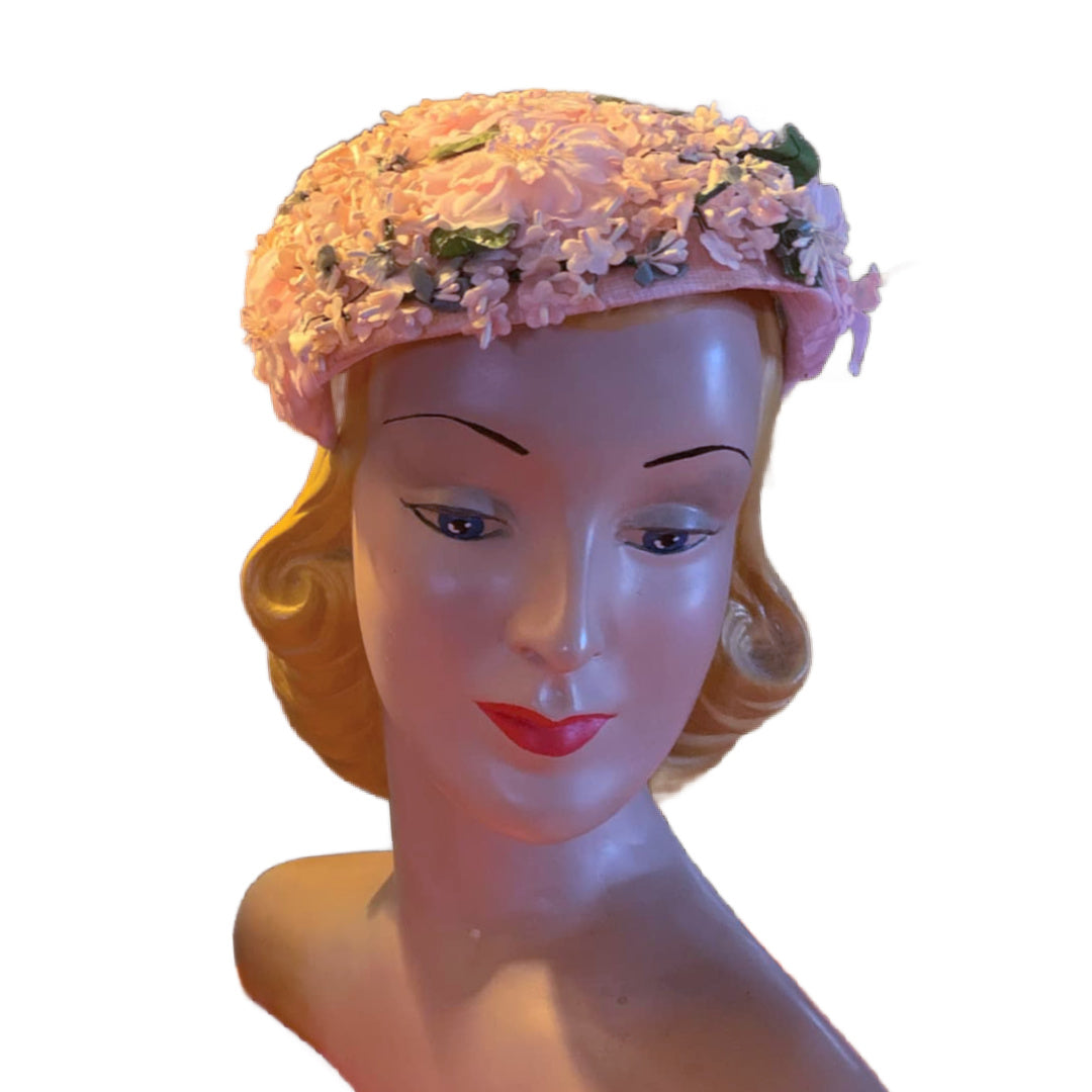 Dainty Pink Silk Flower Trimmed Sculpted Cocktail Hat circa 1950s