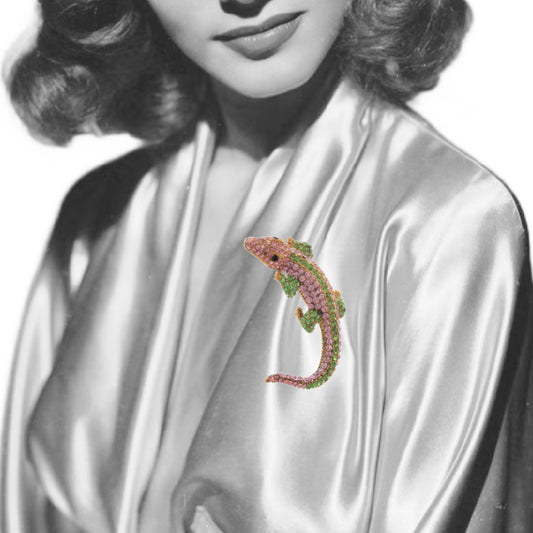 Pink and Green Rhinestone Alligator Brooch