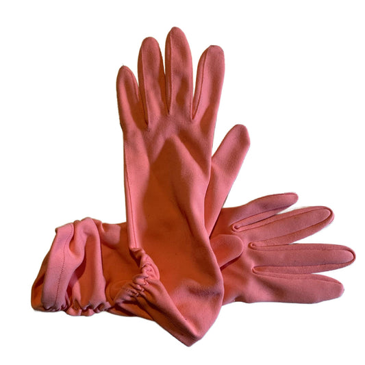 Peony Pink Ruched Wrist Nylon Gloves circa 1960s