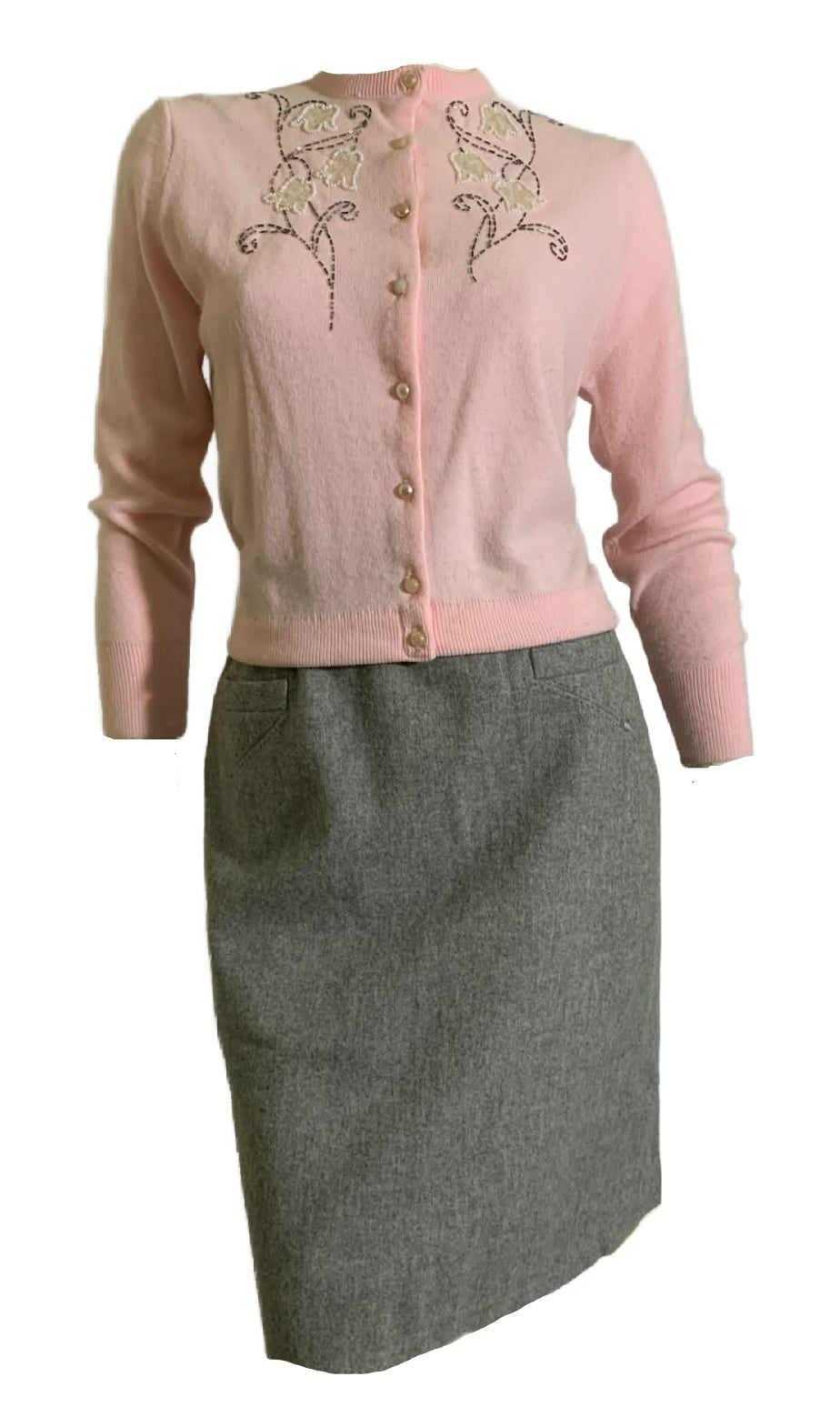 Rose Petal Pink Sequined and Beaded Button Front Cardigan Sweater circa 1960s