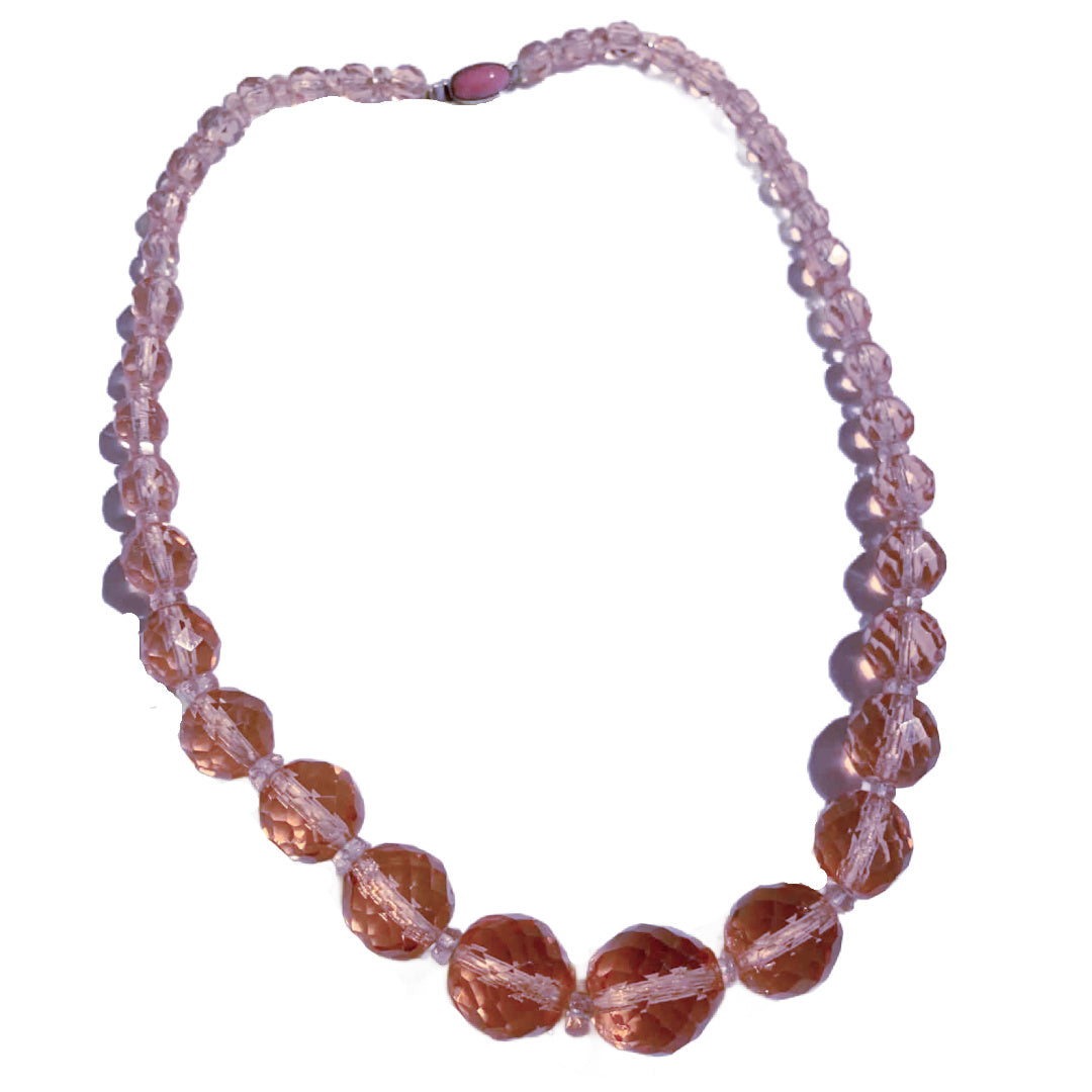 Pink Beveled Lead Crystal Bead Necklace circa 1940s