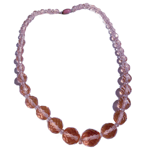 Pink Beveled Lead Crystal Bead Necklace circa 1940s