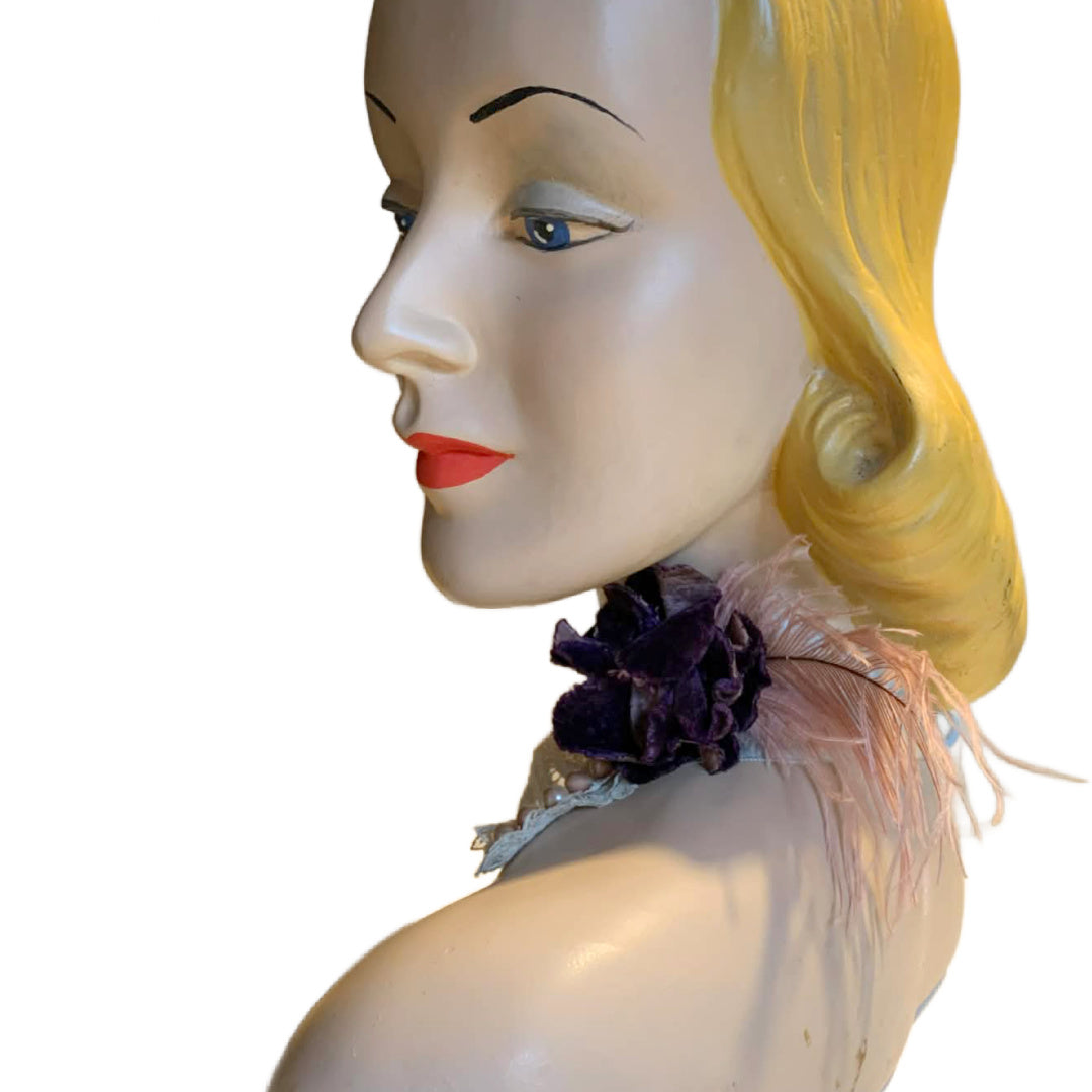 Miss Lala Antique Lace and Ribbon Neckpiece with Velvet Flower and Feather